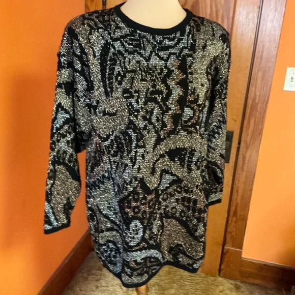 Vtg 80s sparkly geometric oversized sweater - Picture 5 of 12